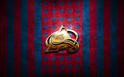 Colorado Avalanche -lippu, NHL, violetti sininen metallitausta, amerikkalainen j&#228;&#228;kiekkojoukkue, Colorado Avalanche -logo, USA, j&#228;&#228;kiekko, kultainen logo, Colorado Avalanche