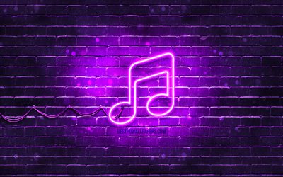 音楽アイコンをネオン, 4k, 紫色の背景, ネオン記号, 音楽, 創造, ネオンのアイコン, 音楽サ, 音楽の看板, 音楽アイコン