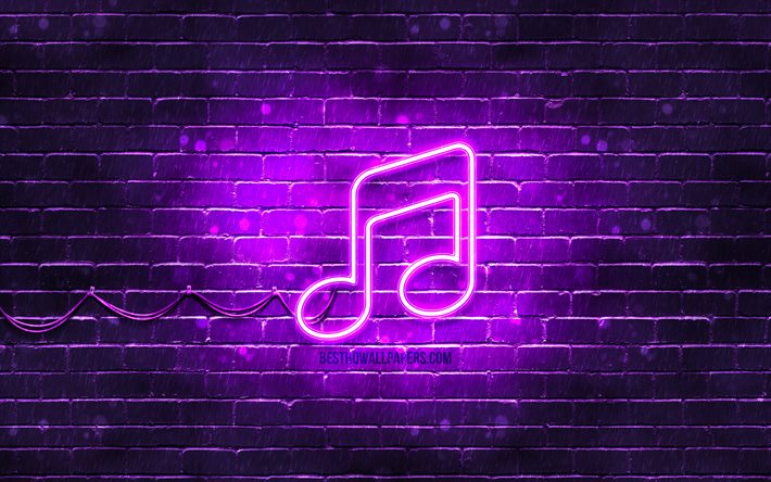 Musica neon icona, 4k, sfondo viola, neon, simboli, Musica, creativit&#224;, neon icone, segno, musica segni, icona, icone della musica