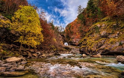 Parco nazionale di Ordesa y Monte Perdido, 4K, autunno, Pirenei, montagne, fiume, Spagna, bellissima natura, Europa