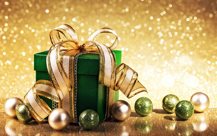 4k, scatola regalo verde, palle di Natale d&#39;oro, Felice Anno Nuovo, decorazioni natalizie, palle di Natale, scatole regalo, Buon Natale, concetti di Capodanno