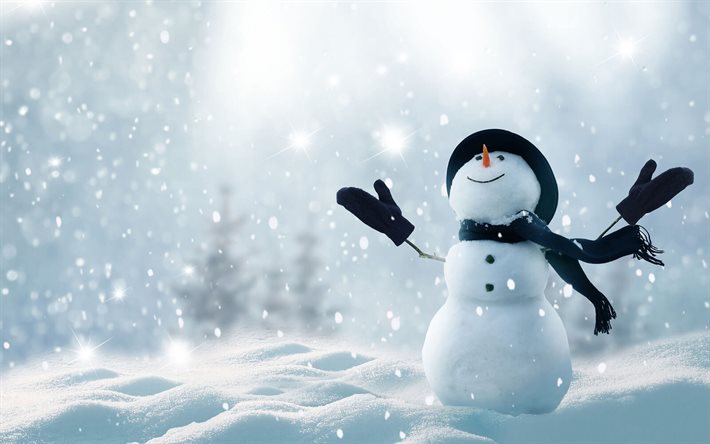 snowman, winter, snowfall, snowdrifts, 3D art, snowflakes