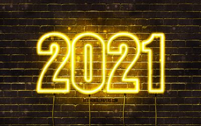 Hyv&#228;&#228; uutta vuotta 2021, keltainen tiilisein&#228;, luova, 2021 keltaiset neonnumerot, 2021 k&#228;sitteet, johdot, 2021 uusi vuosi, 4k, 2021 keltaisella pohjalla, 2021 vuoden numeroa