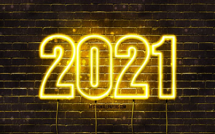 Felice anno nuovo 2021, muro di mattoni giallo, creativo, cifre al neon giallo 2021, concetti 2021, fili, nuovo anno 2021, 4k, 2021 su sfondo giallo, cifre anno 2021