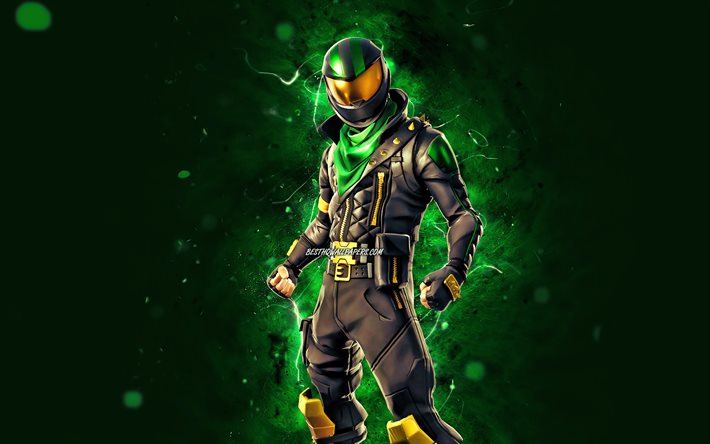 Lucky Rider, 4k, yeşil neon ışıklar, 2020 oyunları, Fortnite Battle Royale, Fortnite karakterleri, Lucky Rider Skin, Fortnite, Lucky Rider Fortnite