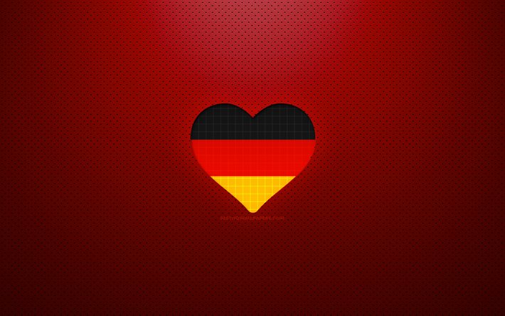 ドイツが大好きです, 4k, ヨーロッパ, 赤い点線の背景, ドイツの旗の心, ドイツ, 好きな国, ドイツが大好き, German flag (ドイツ国旗)