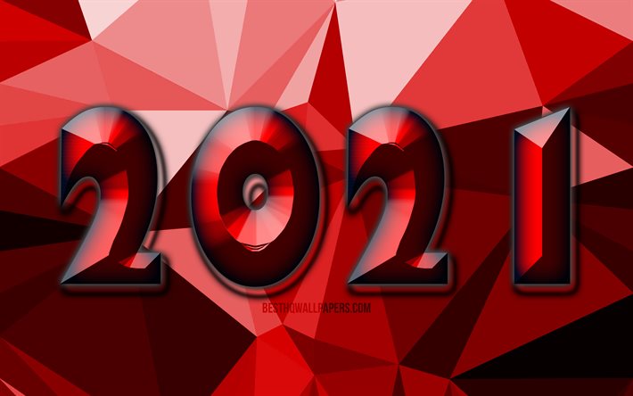 4k, 2021 neues jahr, roter niedriger polyhintergrund, 2021 3d-kristallziffern, 2021 konzepte, 2021 auf rotem hintergrund, 2021 jahresziffern, frohes neues jahr 2021
