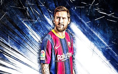 Lionel Messi, grunge art, 4k, Barcelona FC, La Liga, argentinian footballers, FCB, football stars, Messi, Leo Messi, blue abstract raysBarca, soccer, LaLiga
