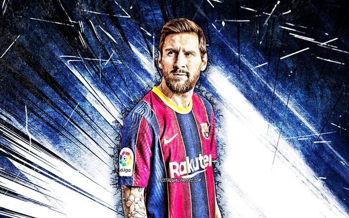 Lionel Messi, grunge sanat, 4k, Barcelona FC, La Liga, Arjantinli futbolcular, FCB, futbol yıldızları, Messi, Leo Messi, mavi soyut ışınlar Barca, futbol, LaLiga
