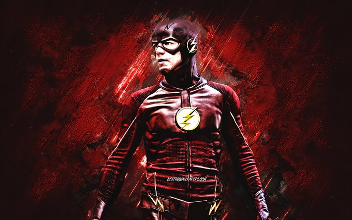 Flash, superhj&#228;lte, Barry Allen, r&#246;d sten bakgrund, Grant Gustin, DC Comics karakt&#228;rer