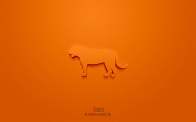 Icona tigre 3d, sfondo arancione, simboli 3d, tigre, icone animali, icone 3d, segno tigre, icone animali 3d