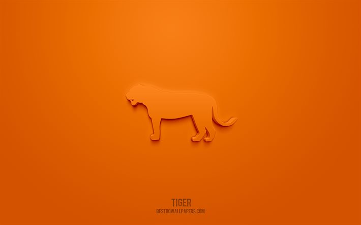 Icona tigre 3d, sfondo arancione, simboli 3d, tigre, icone animali, icone 3d, segno tigre, icone animali 3d