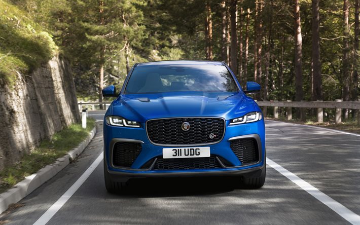 Jaguar F-Pace SVR, 2021, vue de face, version sp&#233;ciale F-Pace, nouveau bleu F-Pace, voitures britanniques, Jaguar