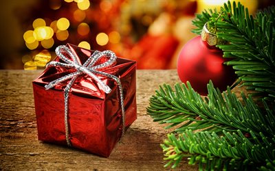 4k, caixa de presente vermelha, bolas de natal vermelhas, feliz ano novo, decora&#231;&#245;es de natal, &#225;rvore do abeto, bolas de natal, caixas de presente, feliz Natal, conceitos de ano novo