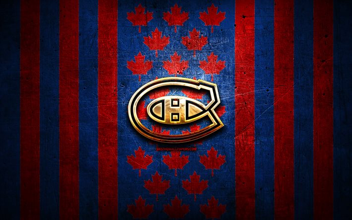 Montreal Canadiens flag, NHL, red blue metal background, canadian hockey team, Montreal Canadiens logo, Canada, hockey, golden logo, Montreal Canadiens