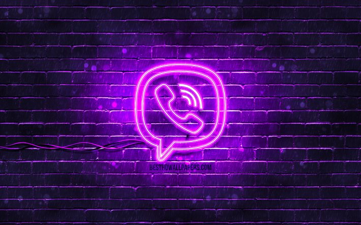 Viber violetti logo, 4k, violetti tiilisein&#228;, Viber logo, sosiaaliset verkostot, Viber neon logo, Viber