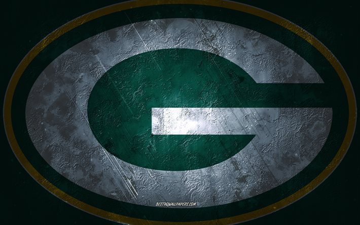 Green Bay Packers, amerikkalainen jalkapallojoukkue, vihre&#228; kivi tausta, Green Bay Packers-logo, grunge-taide, NFL, amerikkalainen jalkapallo, USA, Green Bay Packers -merkki