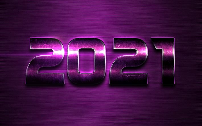 2021 New Year, purple metal letters, 2021 concepts, Happy New Year 2021, 2021 purple background, 2021 metal background