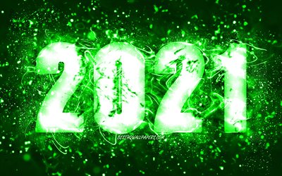 Hyv&#228;&#228; uutta vuotta 2021, 4k, vihre&#228;t neonvalot, 2021 vihre&#228;t numerot, 2021 k&#228;sitteet, 2021 vihre&#228;ll&#228; taustalla, 2021 vuoden numerot, luova, 2021 uusi vuosi