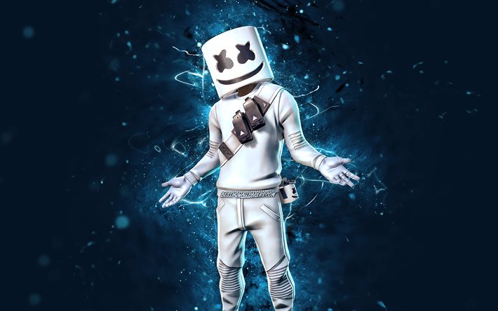 DJ Marshmello, luces de ne&#243;n azules, 4k, juegos 2020, Fortnite Battle Royale, personajes de Fortnite, Marshmello Skin, Marshmello, Fortnite, Marshmello Fortnite