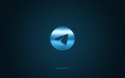 Telegram, redes sociales, logotipo azul de Telegram, fondo de fibra de carbono azul, logotipo de Telegram, emblema de Telegram