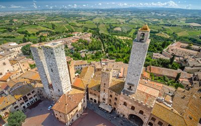 San Gimignano, Torre Rognosa, Belediye Binası, vadi, akşam, San Gimignano şehir manzarası, Toskana, Siena, İtalya