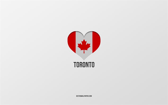 トロントが大好き, カナダの都市, 灰色の背景, トロント, カナダ, カナダ国旗のハート, 好きな都市