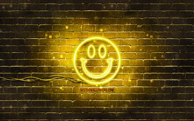 Icona al neon faccia sorridente, 4k, sfondo giallo, icone smiley, Emozione faccia sorridente, simboli al neon, Faccia sorridente, icone al neon, Segno viso sorridente, Segni emozione, Icona faccia sorridente, Icone emozione