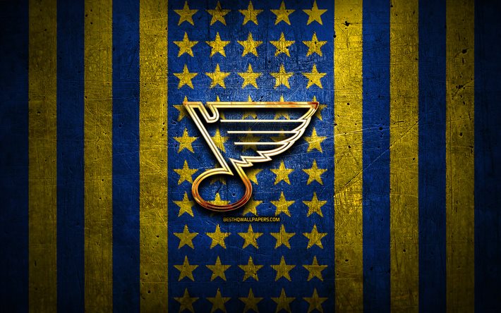 Drapeau de St Louis Blues, NHL, fond m&#233;tal jaune bleu, &#233;quipe de hockey am&#233;ricain, logo St Louis Blues, USA, hockey, logo dor&#233;, St Louis Blues