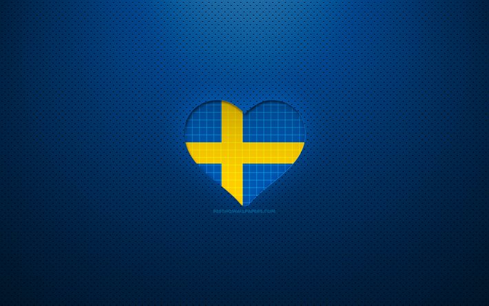 Amo la Svezia, 4K, Europa, sfondo blu punteggiato, cuore della bandiera svedese, Svezia, paesi preferiti, bandiera svedese