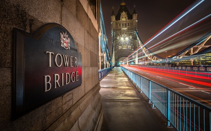 Tower Bridge, Londres, linhas de luz, marco de Londres, ponte, noite, Inglaterra