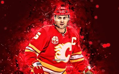 Mark Giordano, 4k, Calgary Flames, NHL, stelle dell&#39;hockey, luci al neon rosse, giocatori di hockey, hockey, USA, Mark Giordano 4K, Mark Giordano Calgary Flames
