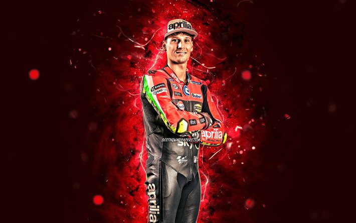 Lorenzo Salvadori, 4k, luci al neon rosse, Aprilia Racing Team Gresini, pilota italiano, MotoGP, Campionato del mondo MotoGP, Lorenzo Salvadori 4K