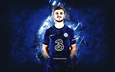 Timo Werner, Chelsea FC, german football player, portrait, blue stone background, football