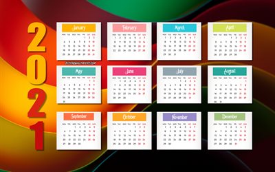 Calendario astratto 2021, sfondo astratto 3D, calendario 2021 per tutti i mesi, elementi in carta colorata 2021, concetti 2021, Capodanno 2021, calendario 2021