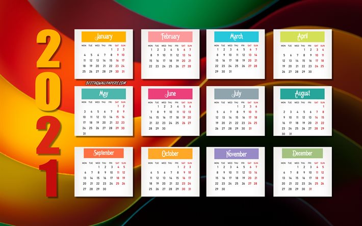 2021 abstrakter kalender, abstrakter 3d-hintergrund, 2021 kalender f&#252;r alle monate, 2021 bunte papierelemente, 2021 konzepte, 2021 neujahr, 2021 kalender