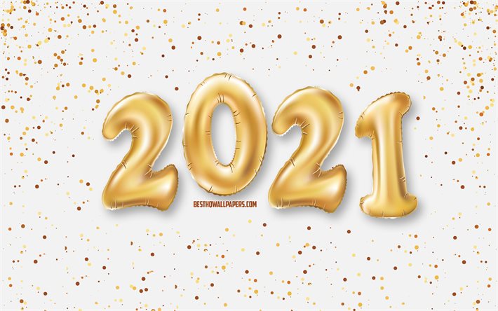 Happy New Year 2021, 4k, golden balloons, 2021 concepts, white background, golden sparkles, 2021 New Year