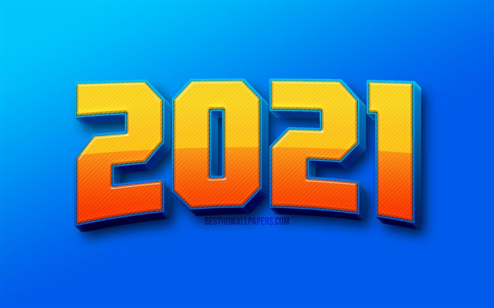 2021 anno nuovo, 4k, opere d&#39;arte, 2021 cifre 3D arancione, concetti 2021, 2021 su sfondo blu, cifre anno 2021, felice anno nuovo 2021