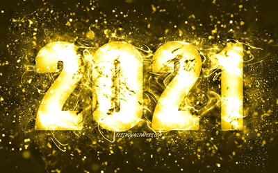 4k, Feliz Ano Novo de 2021, luzes de néon amarelas, 2021 dígitos amarelos, 2021 conceitos, 2021 em fundo amarelo, 2021 dígitos do ano, criativo, 2021 Ano Novo