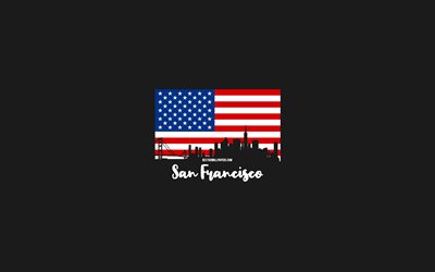 S&#227;o Francisco, cidades americanas, silhueta do horizonte de S&#227;o Francisco, bandeira dos EUA, paisagem urbana de S&#227;o Francisco, bandeira americana, EUA, horizonte de S&#227;o Francisco