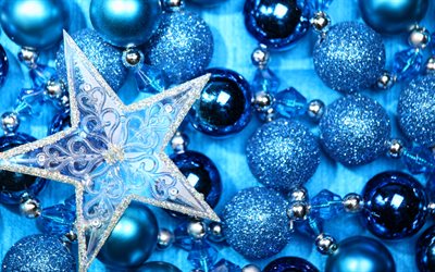 4k, blue stars, blue christmas balls, christmas decorations, Happy New Year, xmas balls, xmas stars, new year concepts, Merry Christmas