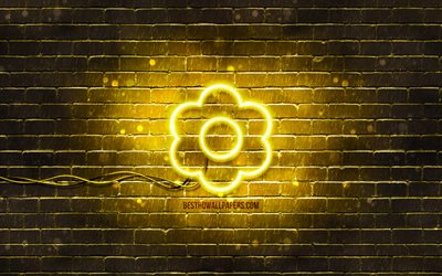 Icona al neon fiore giallo, 4K, sfondo giallo, simboli al neon, fiore giallo, icone al neon, segno fiore giallo, segni della natura, icona fiore giallo, icone della natura