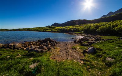 ロフォーテン諸島, 4k, 湖, 夏。, 山地, ノルウェー, ヨーロッパ, 美しい自然