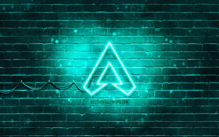 Apex Legends turquoise logo, 4k, turquoise brickwall, Apex Legends logo, 2020 games, Apex Legends neon logo, Apex Legends