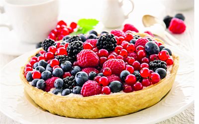 different berries pie, pastries, berries, raspberries, blackberries, blueberries, berry cake
