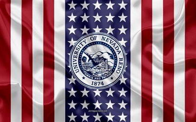 University of Nevada Reno Emblem, American Flag, University of Nevada Reno logo, Reno, Nevada, USA, University of Nevada Reno