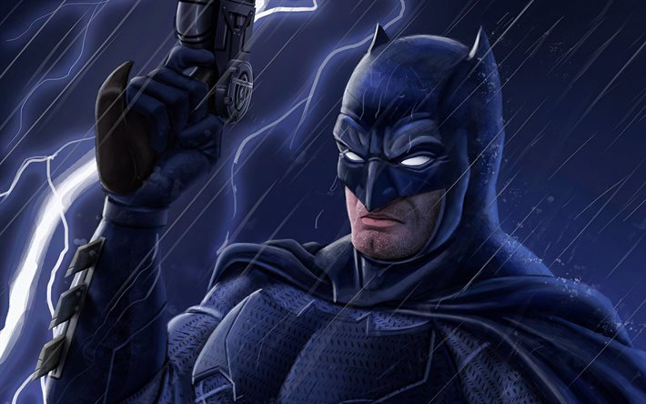 4k, Batman avec pistolet, pluie, bandes dessin&#233;es DC, super-h&#233;ros, Cartoon Batman, cr&#233;atif, Batman