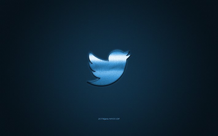 Twitter, m&#237;dia social, logotipo azul do Twitter, fundo azul de fibra de carbono, logotipo do Twitter, emblema do Twitter