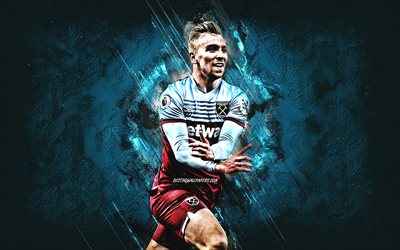 Jarrod Bowen, West Ham United FC, english footballer, midfielder, blue stone background, Premier League, soccer, England