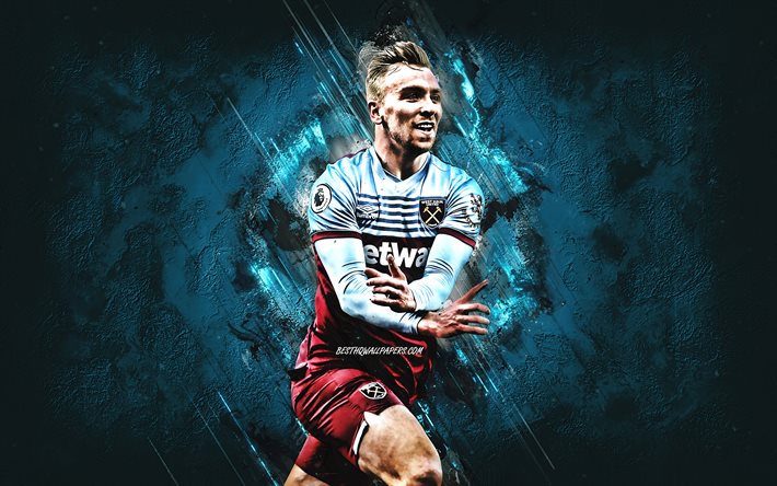 Jarrod Bowen, West Ham United FC, footballeur anglais, milieu de terrain, fond bleu pierre, Premier League, football, Angleterre